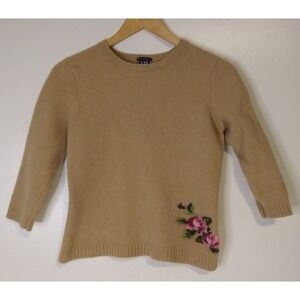 Gap Womens XS/S Lambswool Tan Sweater Embroidered 3/4 Sleeve